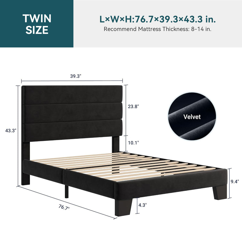Twin Size Velvet Bed Frame Platform Bed Frame with Velvet Upholstered Headboard and Wooden Slats Support, Fully Upholstered Mattress Foundation