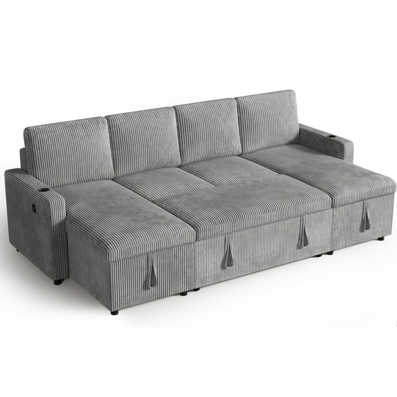 101 Inch U-Shaped Sleeper Sofa Couch with Pull Out Bed, Corduroy Sectional Sofa Bed Couch with Double Storage Chaise, 2 Charging Ports, Cup Holder