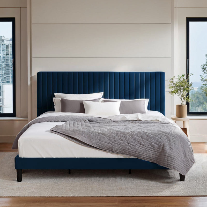 Velvet Upholstered Platform Bed Frame with Vertical Line Tufted Wingback Headboard, Strong Wooden Slats, and No Box Spring Needed