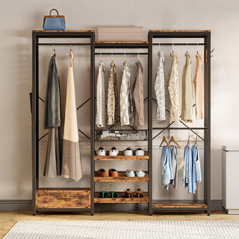 Clothes Rack Garment Rack with Hanging Rods, Shelves, and Storage