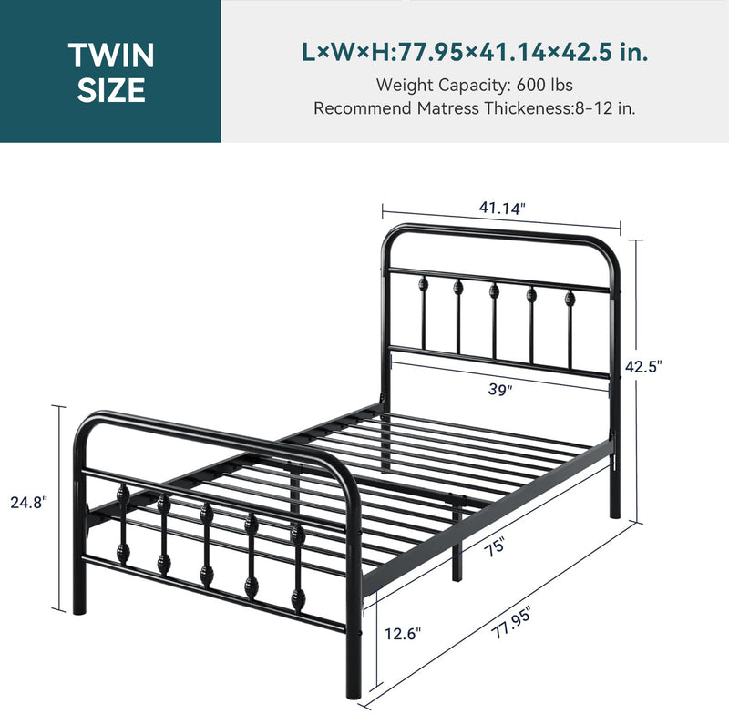 Twin Size Metal Platform Bed Frame with Victorian Style Iron-Art Headboard Mattress Foundation Under Bed Storage