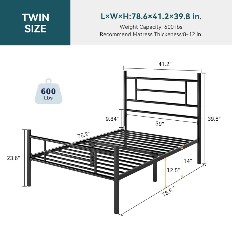 Twin Size Metal Platform Bed Frame with Headboard and Footboard Underbed Storage Strong Metal Slats Support Mattress Foundation, No Box Spring Needed