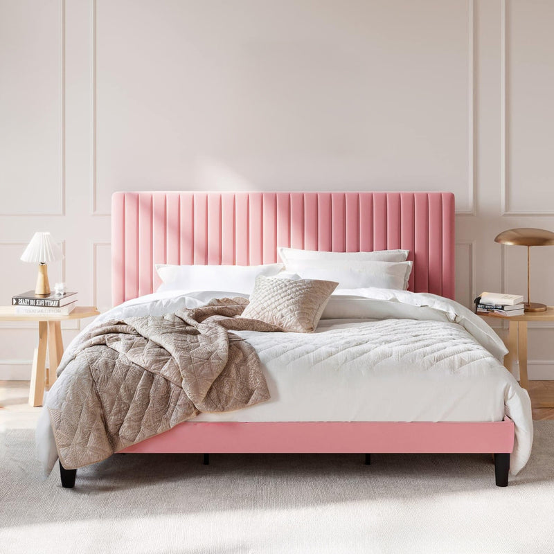 Velvet Upholstered Platform Bed Frame with Vertical Line Tufted Wingback Headboard, Strong Wooden Slats, and No Box Spring Needed