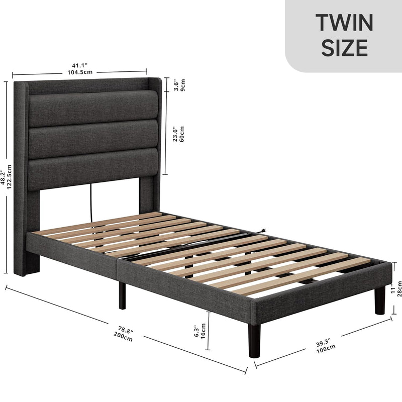 Twin Size Bed Frame With Storage Headboard and Outlets, Gray