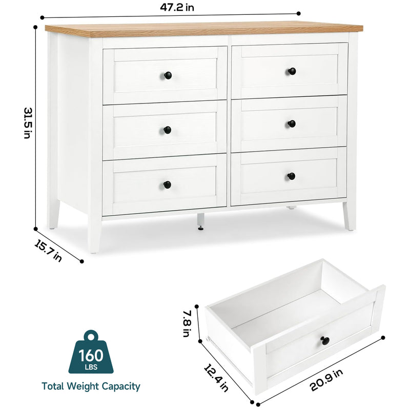 Traditional White Dresser with 6 Drawers, Storage Dresser, Chest Dresser