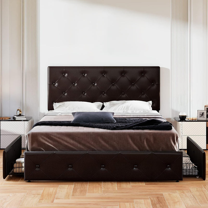 Faux Leather Upholstered Bed Frame with 4 Drawers Storage and Button Headboard