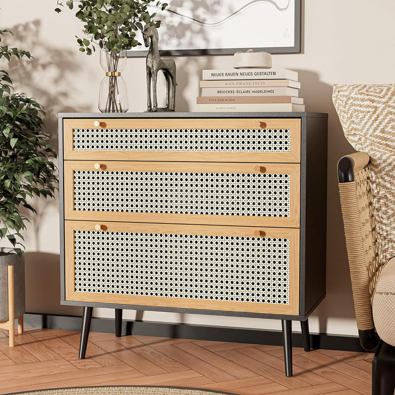 Ohwill Rattan Dresser Wood Natural Storage with 3 Drawers