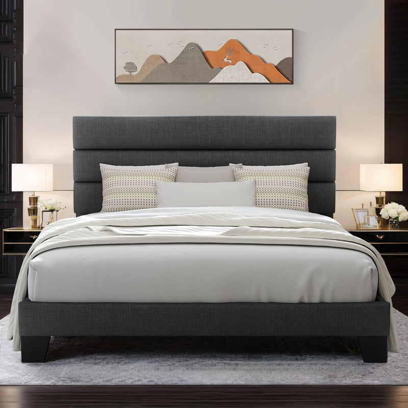 Platform Bed Frame with Fabric Upholstered Headboard and Wooden Slat Support, No Springs Required
