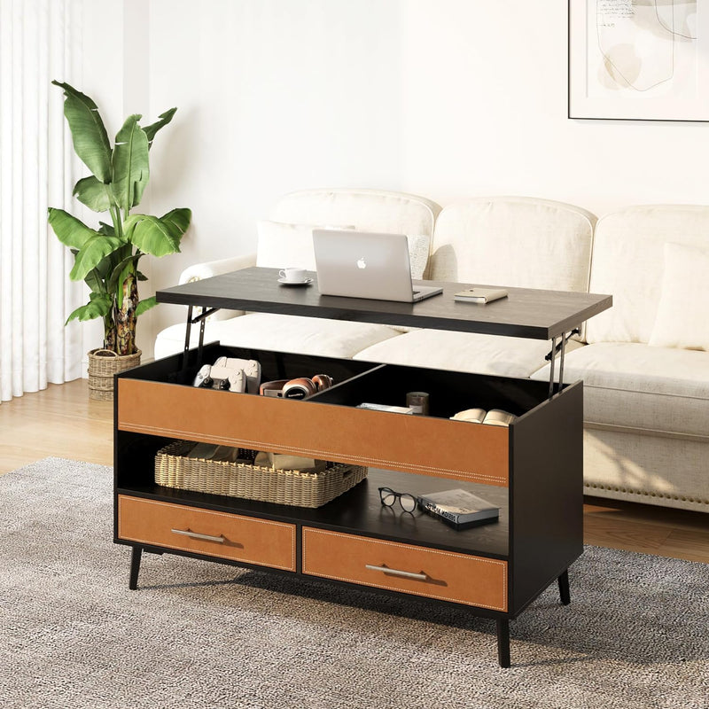 Leather Lift Top Coffee Table with Large Hidden Compartment