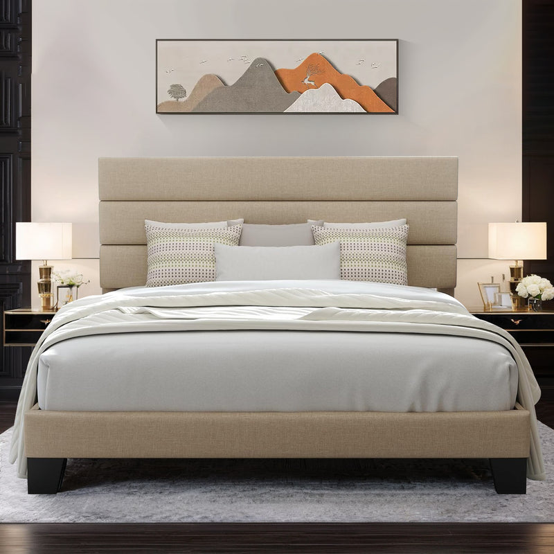 Platform Bed Frame with Fabric Upholstered Headboard and Wooden Slat Support, No Springs Required