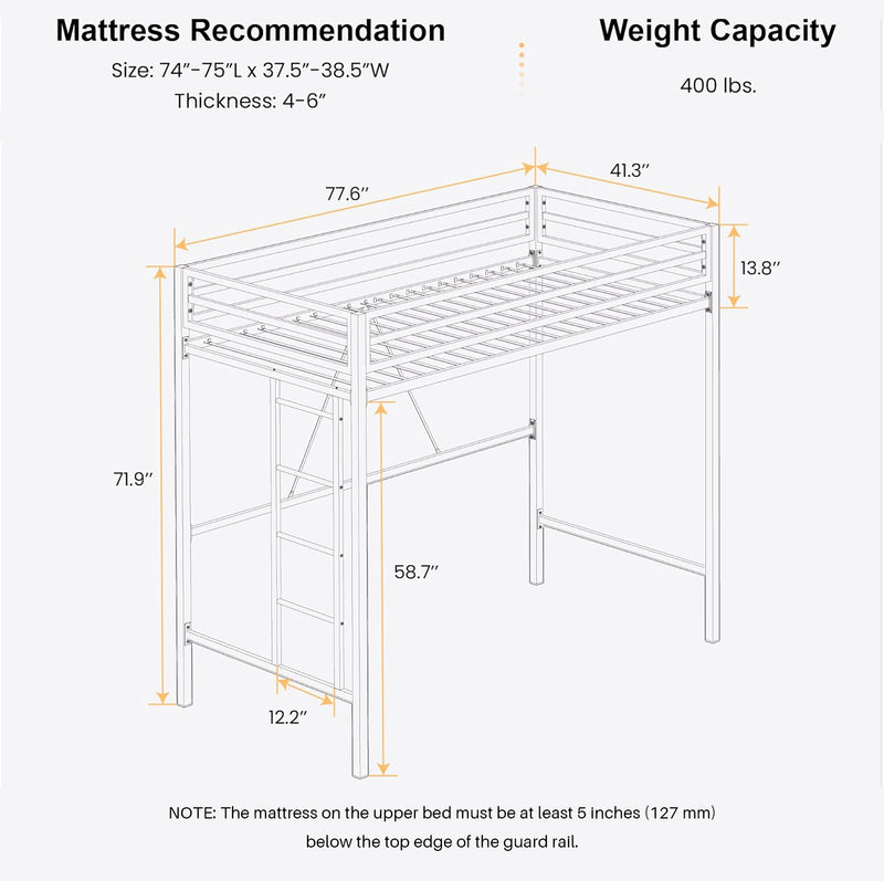 Loft Bed Space-Saving Twin Size Bed Frame with Guardrail, Removable Stairs