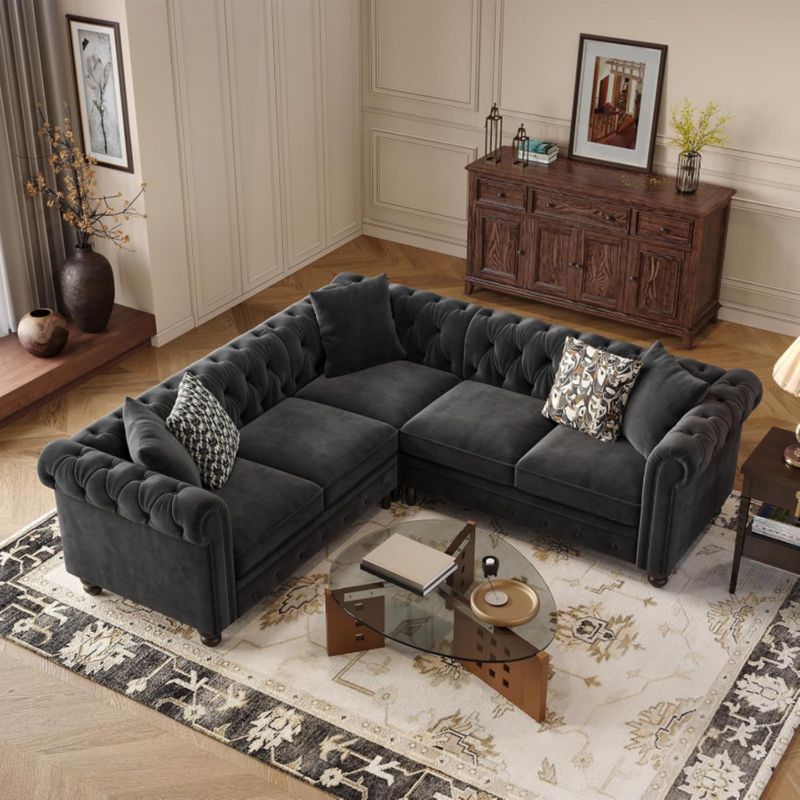 Chesterfield L-Shaped Sectional Sofa, Velvet 5 Seater Counch with 3 Throw Pillows, Tufted Corner Couch with Rolled Armrest