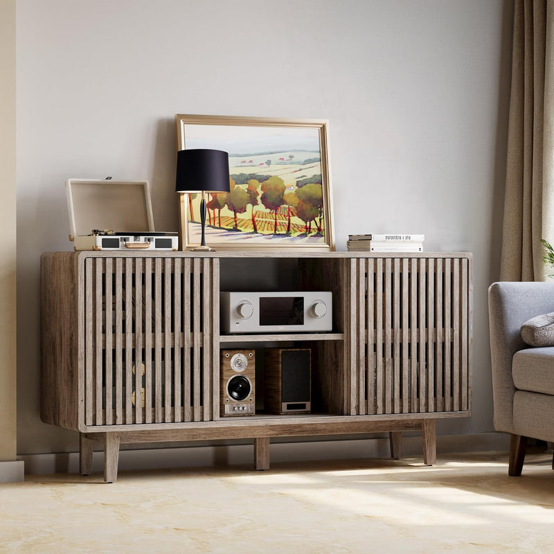 30“Tall TV Stand for 55/60/65 inch TV, Tall Entertainment Center with Power Outlets, Rustic Media Console with Shelves and Grille Sliding Doors
