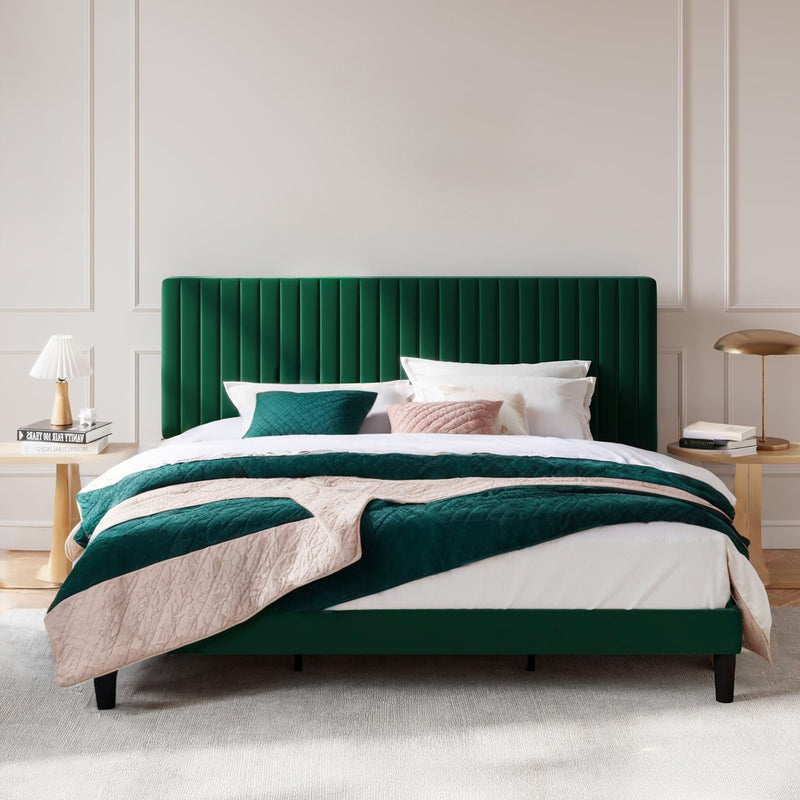 Velvet Upholstered Platform Bed Frame with Vertical Line Tufted Wingback Headboard, Strong Wooden Slats, and No Box Spring Needed