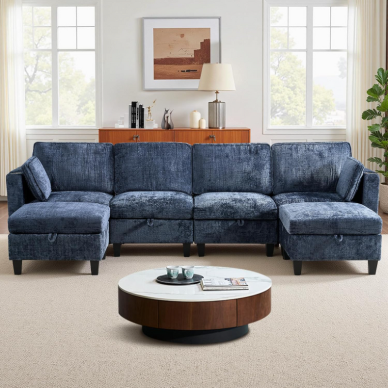 110 Inch U-Shaped Modular Sectional Sofa with Storage, Chenille Convertible Sleeper Sofa Couch Bed with Adjustable Backrest and Charging Ports