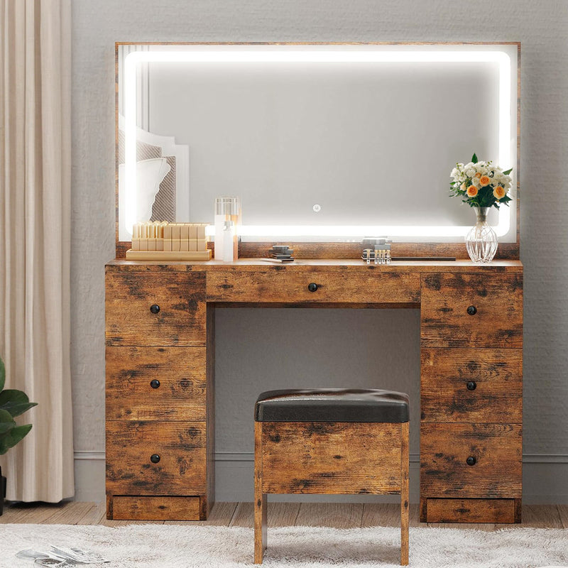 Makeup Vanity Dressing Desk Set with LED Lighted Mirror & Power Outlet, 7 Drawers