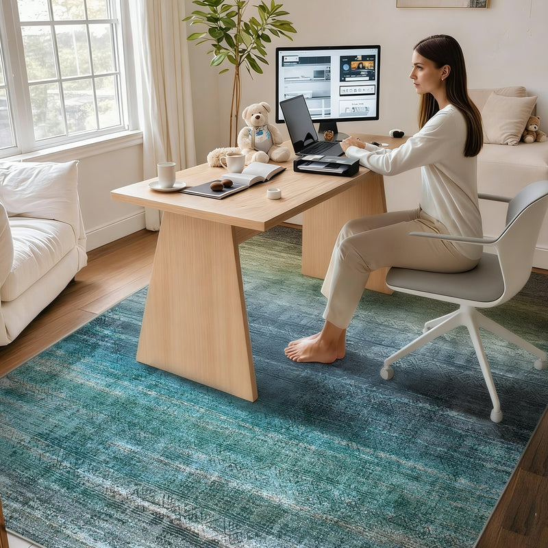 Teal Abstract Area Rug, Washable Non-Slip Modern Carpet for Bedroom, Living Room & Home Decor
