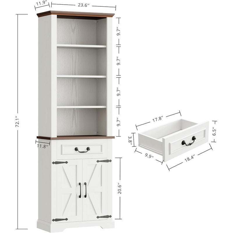 72" Bookshelf Sideboard with Storage Cabinet, Tall Farmhouse Bookcase 4 Tier Open Shelf Bookcase with Adjustable Shelves Drawer LED Lights