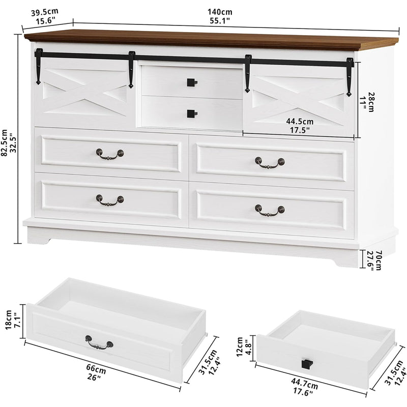 Farmhouse 6 Drawers Dresser, 55.1" Large Drawers, Wooden Chest of Drawers with Sliding Barn Door