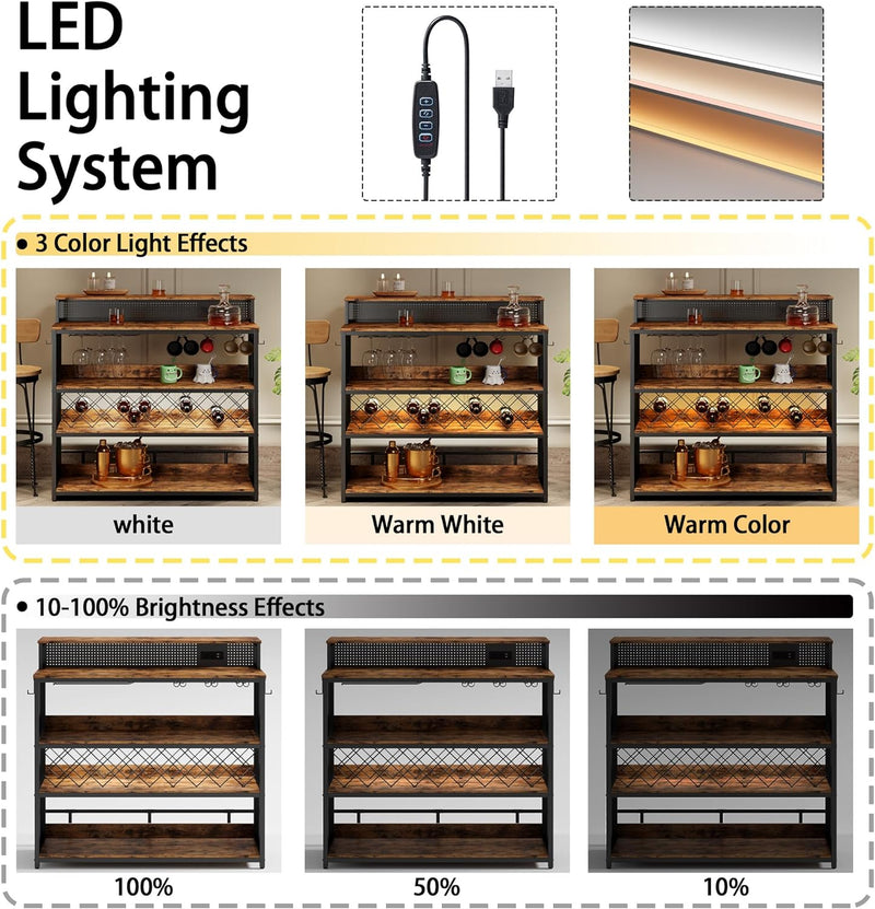 Bar Cabinet LED Home Bar Unit 4 Tiers with Charging Station, Wine Racks, Glass Holders