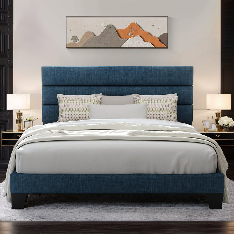 Platform Bed Frame with Fabric Upholstered Headboard and Wooden Slat Support, No Springs Required