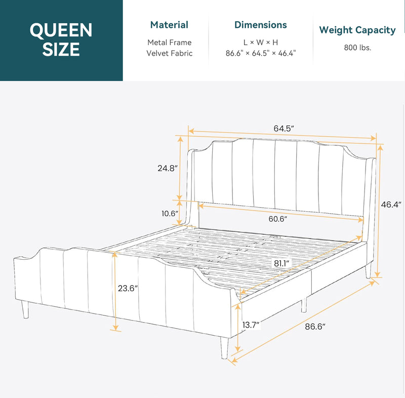 Velvet Upholstered Queen Size Bed Frame with Modern Arc Headboard, Strong Wood Slats