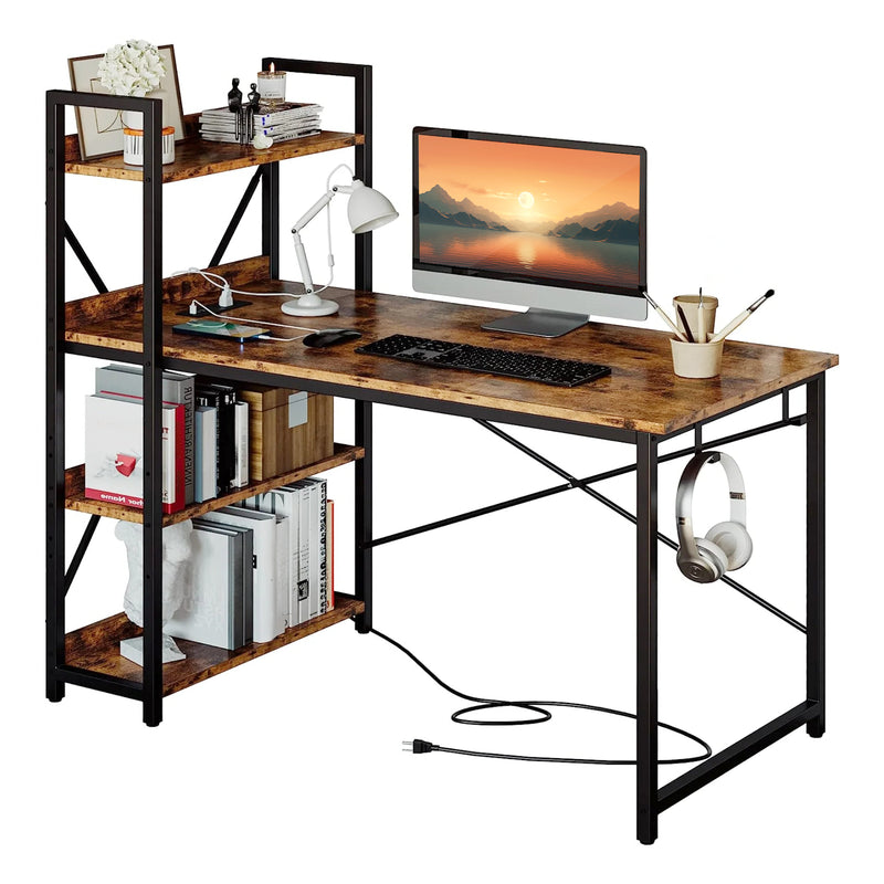 Computer Desk Study Writing Table PC Desk 47 inch/55" with Bookshelf or CPU Stand, Power Outlet, Storage Shelves