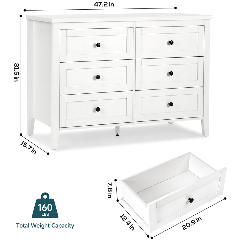Traditional White Dresser with 6 Drawers, Storage Dresser, Chest Dresser