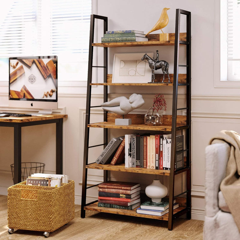 Industrial Bookshelves and Bookcases Ladder Shelf 5 Tier with Metal Frame