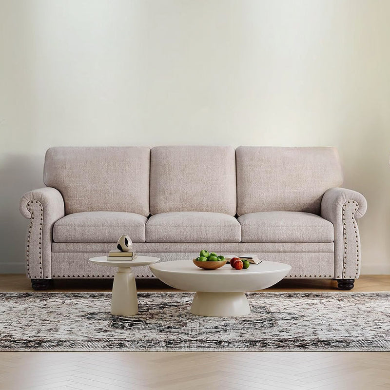 90 Inch 3 Seater Sofa Nailhead Trim Farmhouse Couches with Rolled Arm, 23" Deep Seat