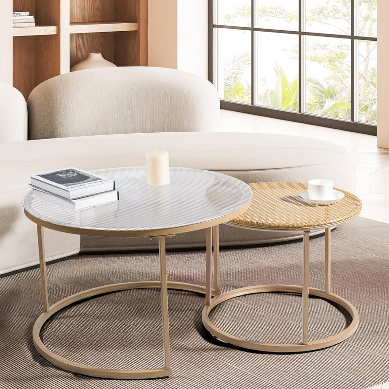 Ohwill Rattan Glass End Table Round Nesting Coffee Table Set of 2