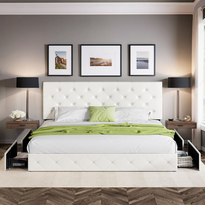 Faux Leather Upholstered Bed Frame with 4 Drawers Storage and Button Headboard