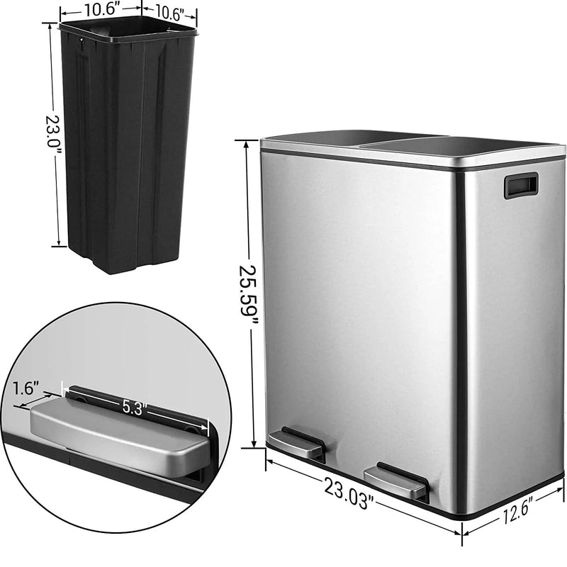 Dual Trash Can 16 Gal (60L) Stainless Steel Large Kitchen Rubbish Bin  with Removable Inner Buckets