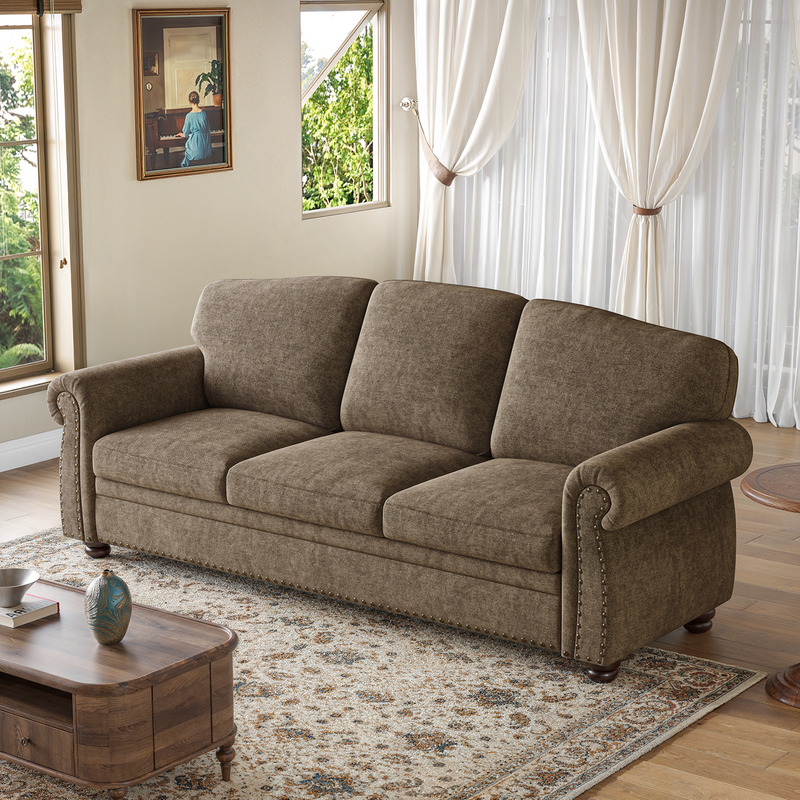 90 Inch 3 Seater Sofa Nailhead Trim Farmhouse Couches with Rolled Arm, 23" Deep Seat