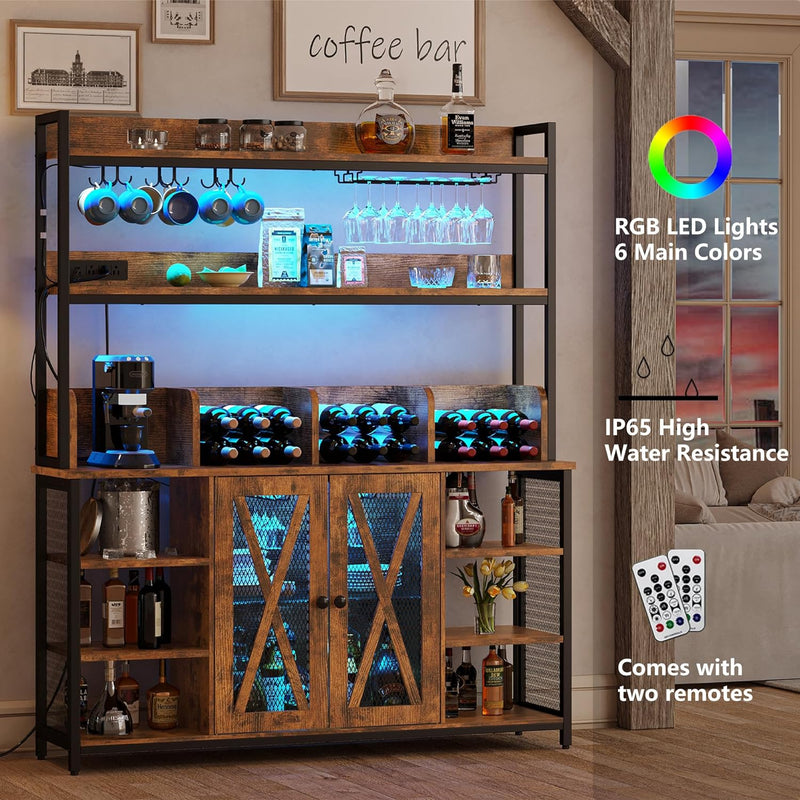 Coffee Bar Cabinet LED Industrial Buffet Cabinet 3-Tiers with Power Outlet, Glass Holder