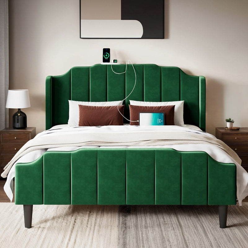 Velvet Bed Frame with Curved Vertical Tufted Wingback Headboard and Footboard, Charging Station Under Bed Storage