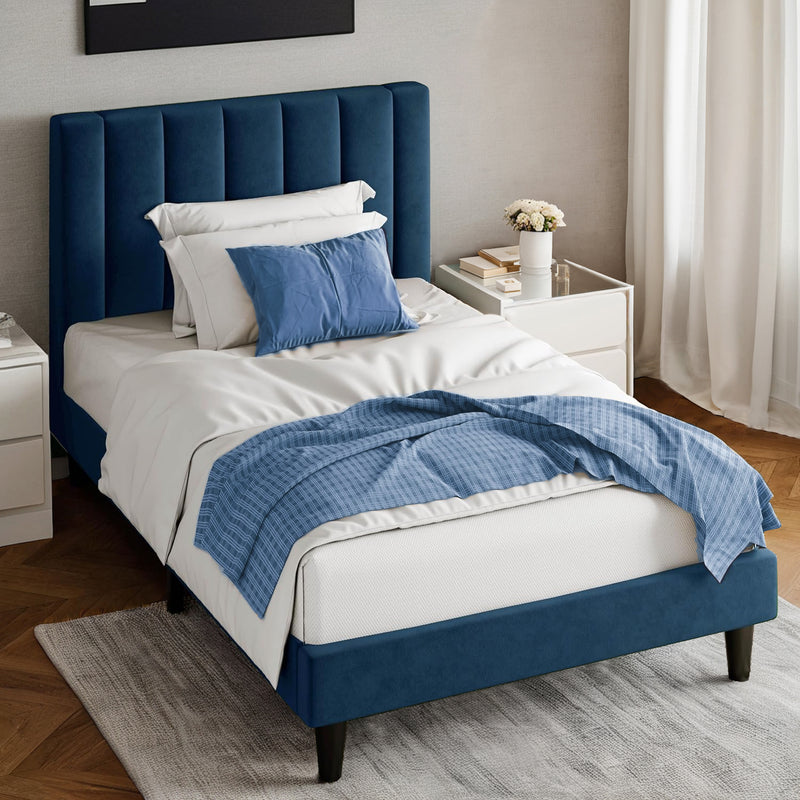 Twin Velvet Upholstered Platform Bed Frame with Vertical Channel Tufted Headboard, Strong Wood Slat Support, No Box Spring Needed