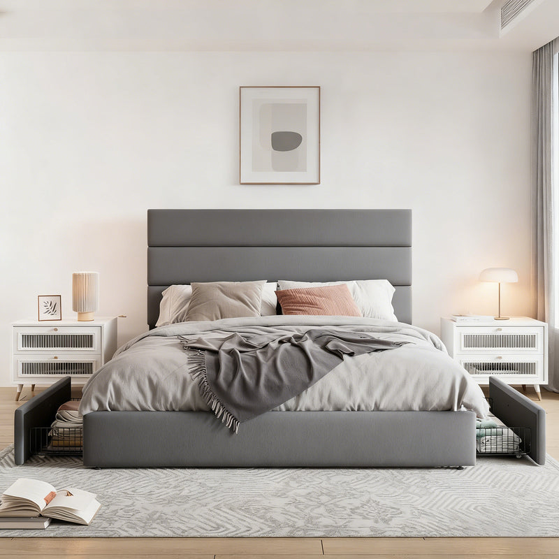 Velvet Upholstered Storage Bed with Padded Headboard & 4 Drawers, Sturdy Platform Frame