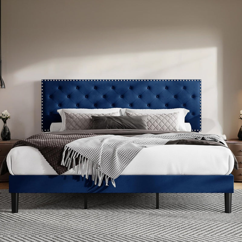 Velvet Upholstered Bed Frame with Adjustable Button Tufted Headboard, Slats Support, No Box Spring Needed