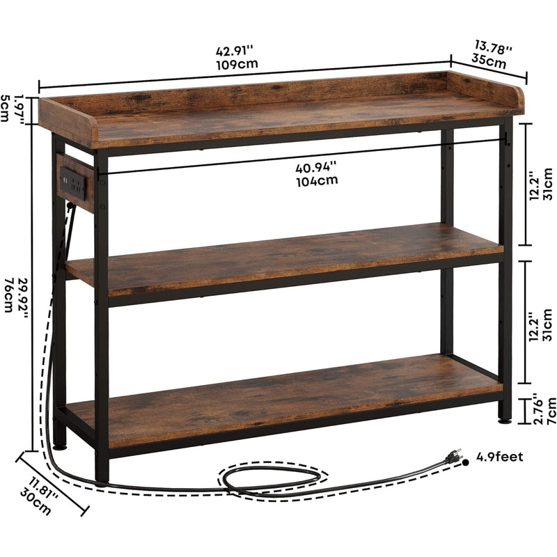 43"  Height Adjustable Console Table with Power Outlet for Entryway, Living Room, Rustic Brown