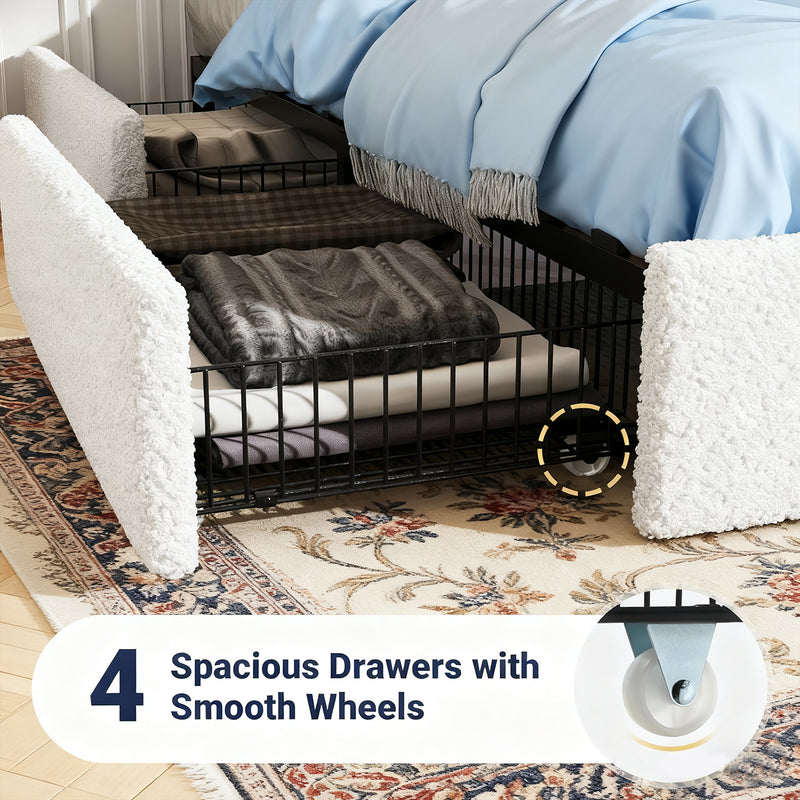 Soft Teddy Boucle Upholstered Platform Bed Frame with 4 Storage Drawers, Noise-Free, No Box Spring Needed, Easy Assembly