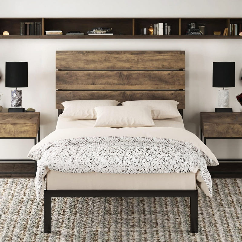 Twin Size Platform Bed Frame with Wooden Headboard and Metal Slats