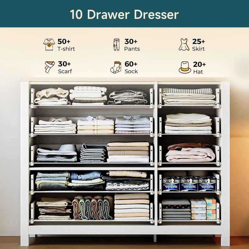 10 Drawer Dresser, Modern White Dressers and Chests of Drawers, 10 Drawer Large Dressers with Solid Wood Knobs, Storage Organizer, TV stand
