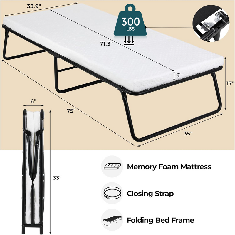 Adult Folding Bed Portable Bed with Wheels, Metal Bed Frame with Memory Foam Mattress, No Assembly Needed