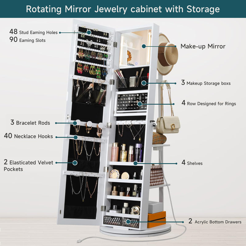 360° Swivel Mirrored Jewelry Cabinet with Full-Length Mirror, Power Outlet, Rear Storage Shelves, Interior Mirror, LED Lights