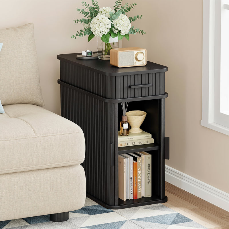 Narrow Side Table with Charging Station, Flip Top Nightstand with