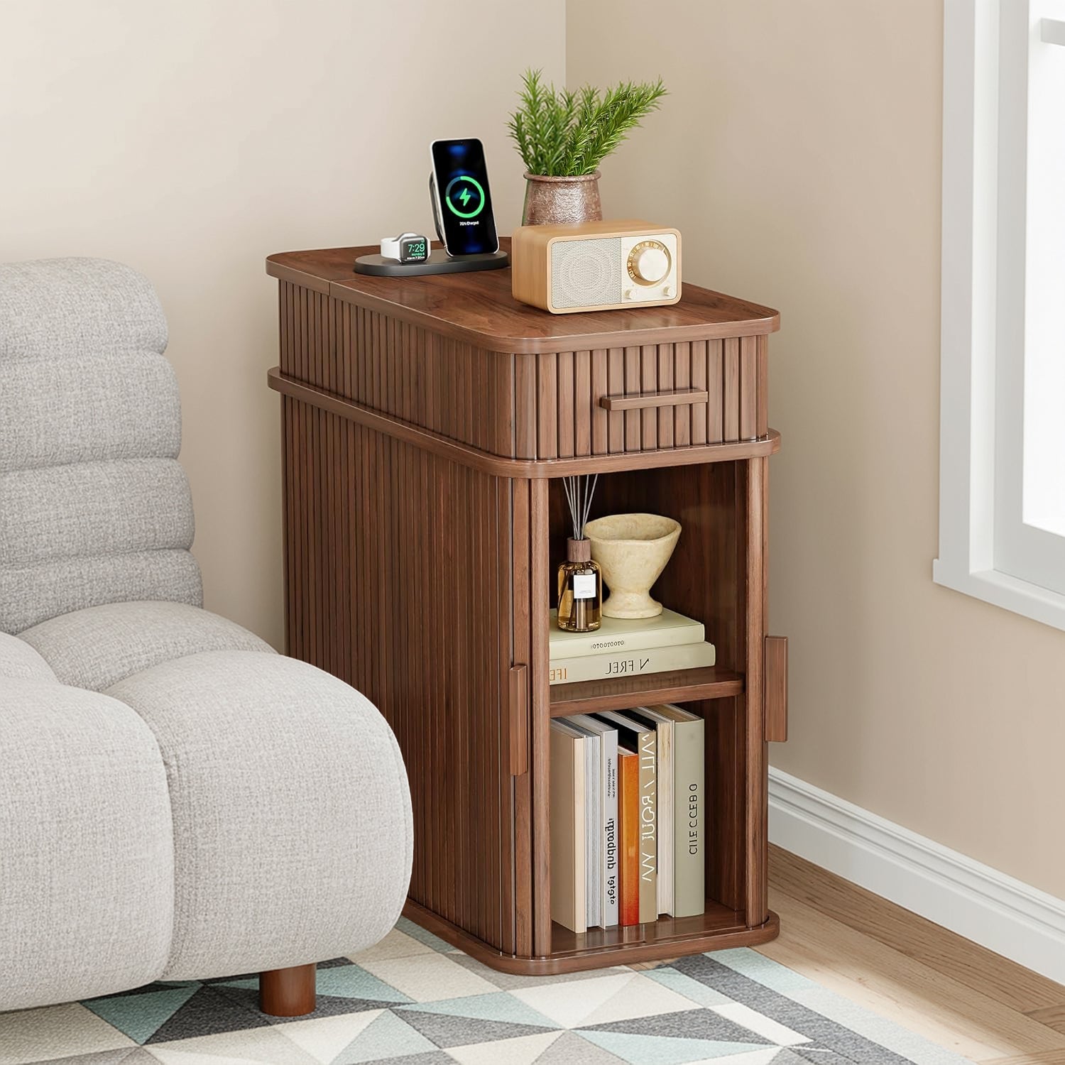 Narrow Side Table with Charging Station, Flip Top Nightstand with Drawer and Sliding Doors