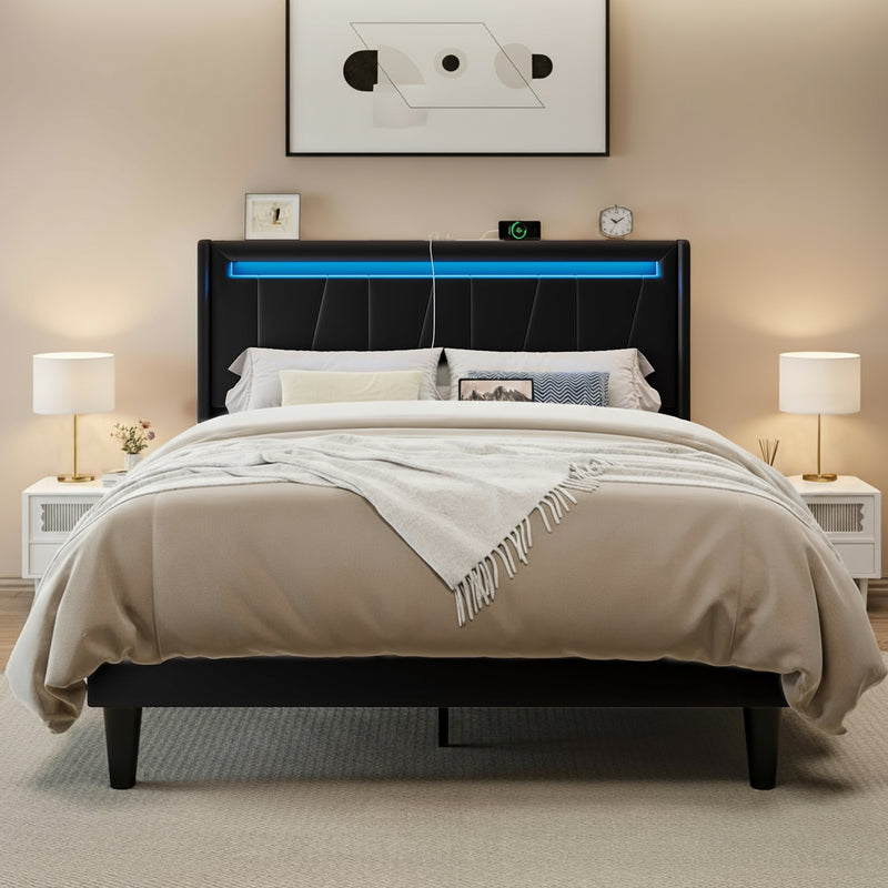 Velvet Upholstered Platform Bed Frame with Charging Station & Wingback LED Headboard,No Box Spring Needed