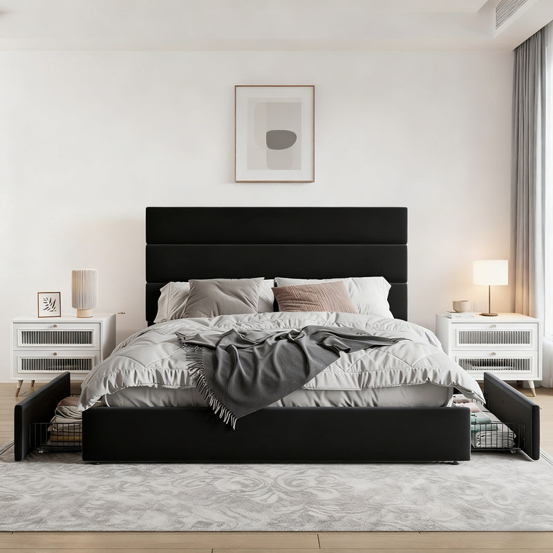 Velvet Upholstered Storage Bed with Padded Headboard & 4 Drawers, Sturdy Platform Frame