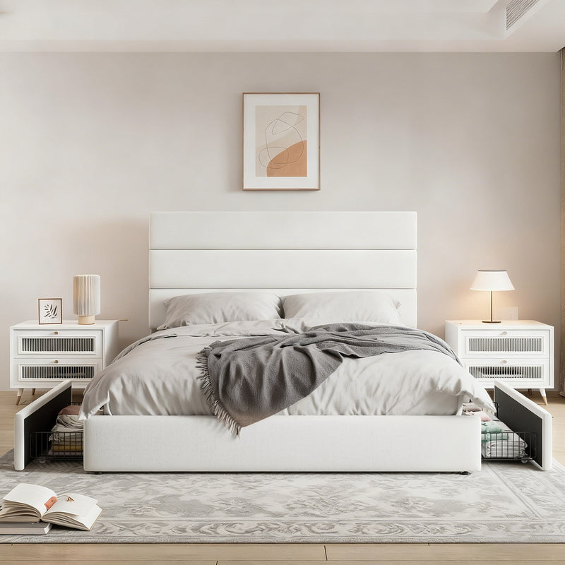 Velvet Upholstered Storage Bed with Padded Headboard & 4 Drawers, Sturdy Platform Frame